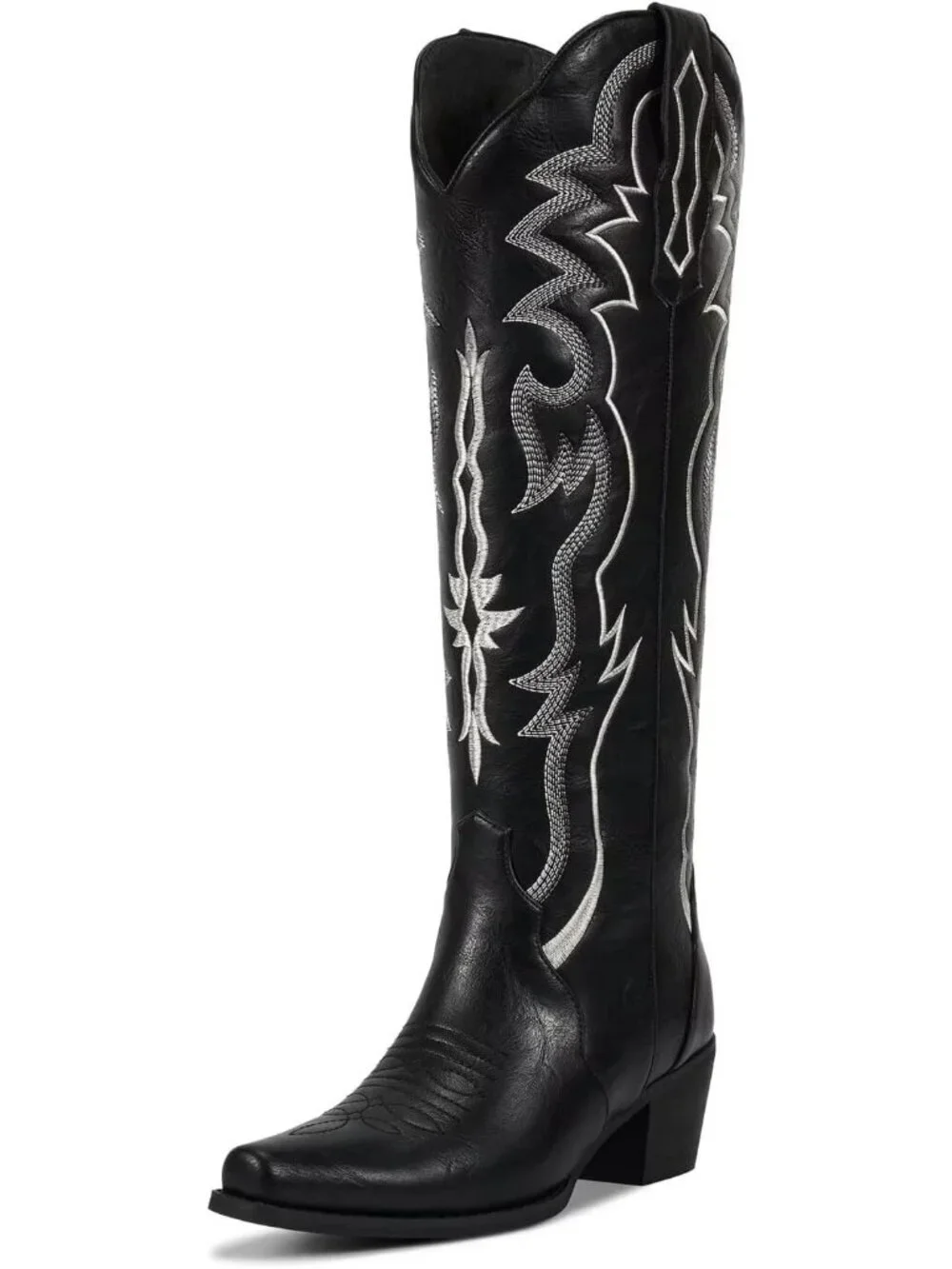 Women's Matte Black Chunky Heel Slip on Pointed Knee High Cowgirl Tall Boots